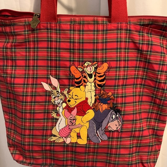 Walt Disney tote bag red multicolor checkered plaid Winnie the Pooh & friends - Picture 2 of 8